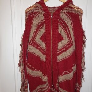 Free People Red and Tan Fringe Hooded Zip Cardigan